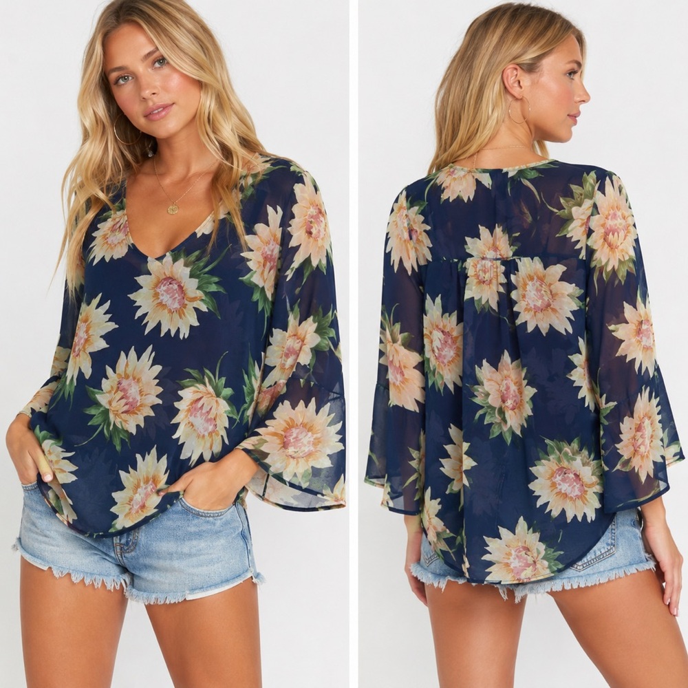 Show Me Your Mumu Sheer Sunflower Bell Sleeve Blouse Size Small